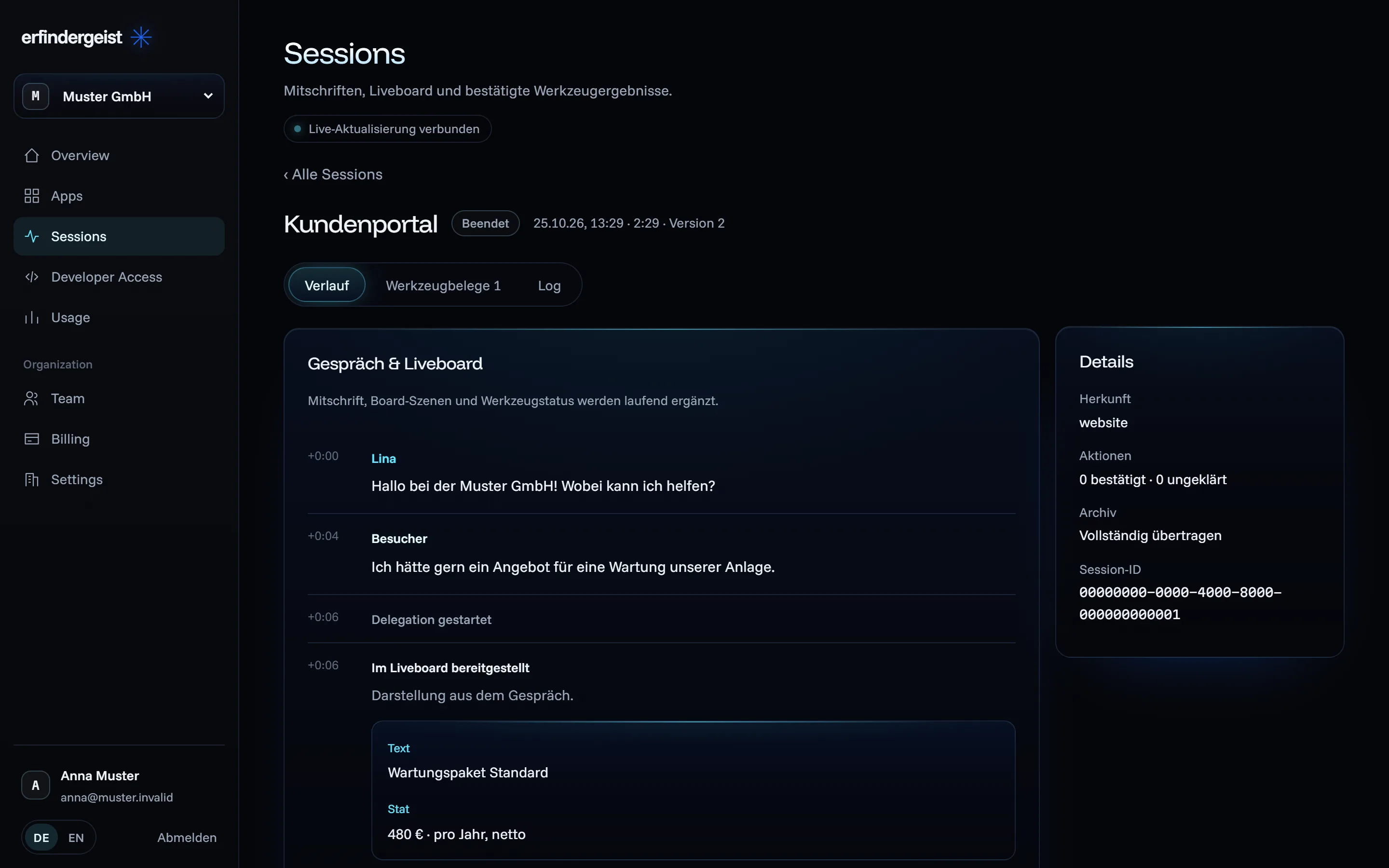 Kundenbereich mit einer Session: Mitschrift, Liveboard-Szene, Werkzeugbeleg und Details (Beispieldaten)