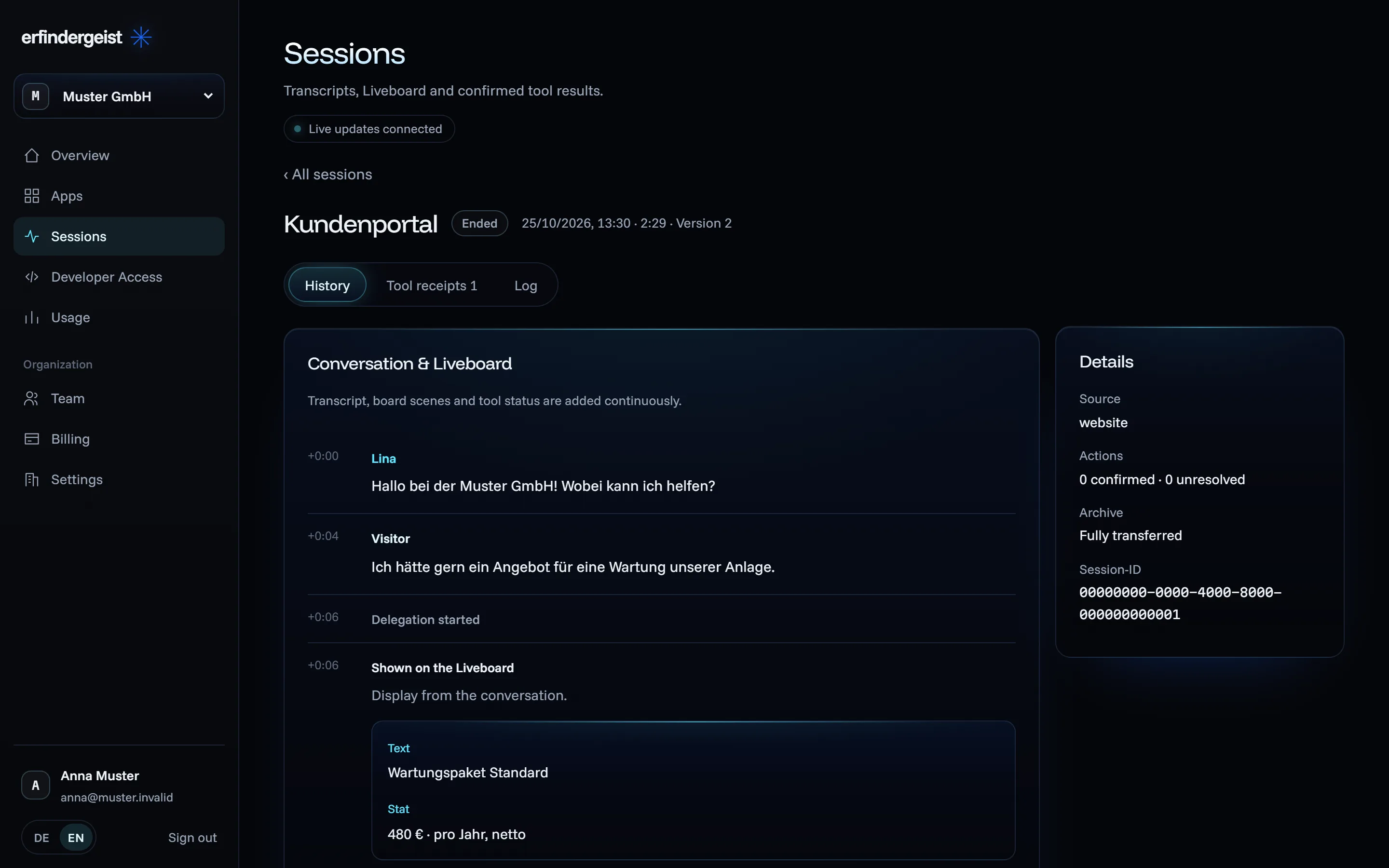 Customer area with one session: transcript, Liveboard scene, tool receipt and details (sample data)